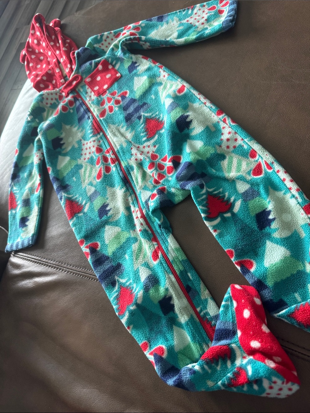 Matilda Jane Turquoise Floral Hooded Fleece One-Piece Footie with Red Accents